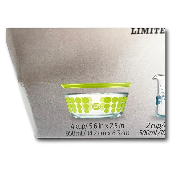 Pyrex Set 100th Anniversary 4 pc Polka Dot Green Bowl Measure Pie Plate 2015 New - Picture 6 of 10
